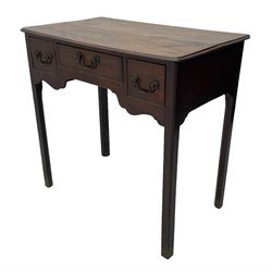 George III mahogany low-boy, moulded rectangular top with rounded front corners, fitted with three cock-beaded drawers, beaded circular brass handle plates and swan neck handles, shaped apron, on square supports with inner chamfer 