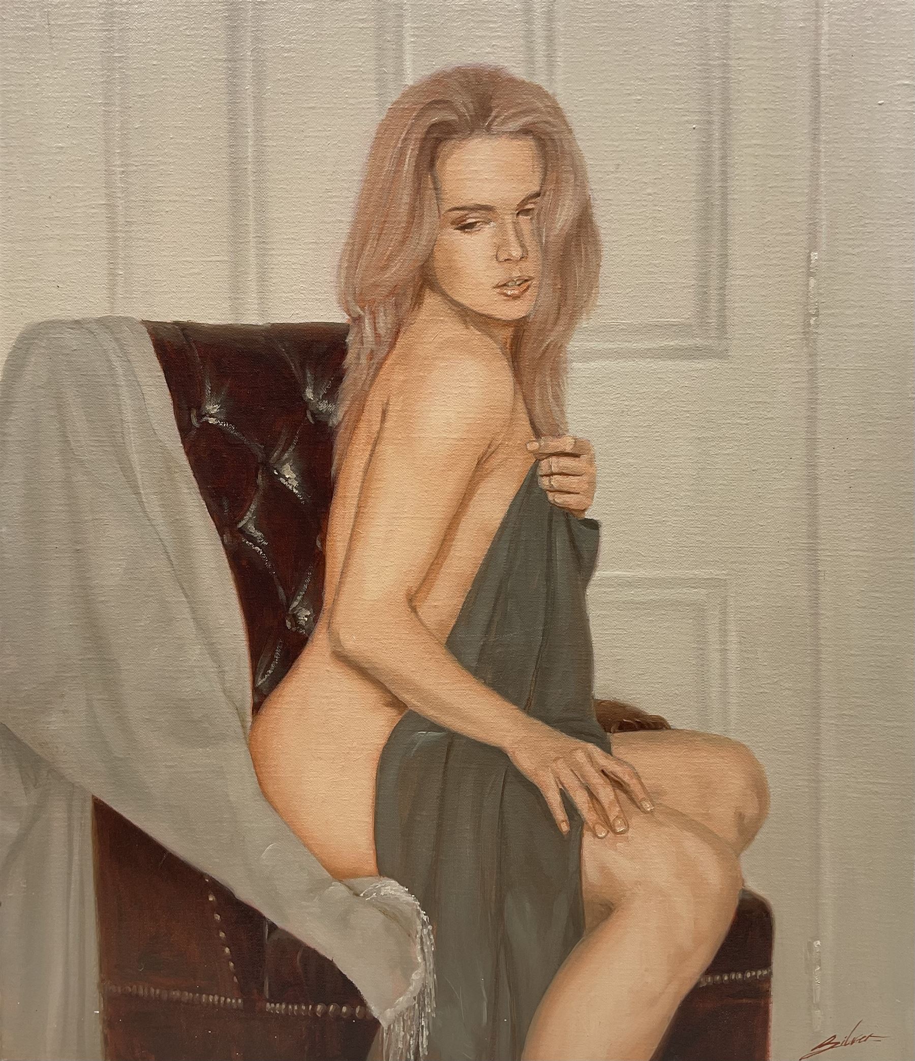 John Silver (British 1959-): Semi Nude Portrait, oil on canvas signed 70cm x 60cm (unframed)