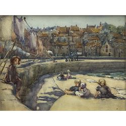 Attrib. Albert George Stevens (Staithes Group 1863-1925): Children on Tate Hill Sands Whitby, watercolour  unsigned 20cm x 25cm