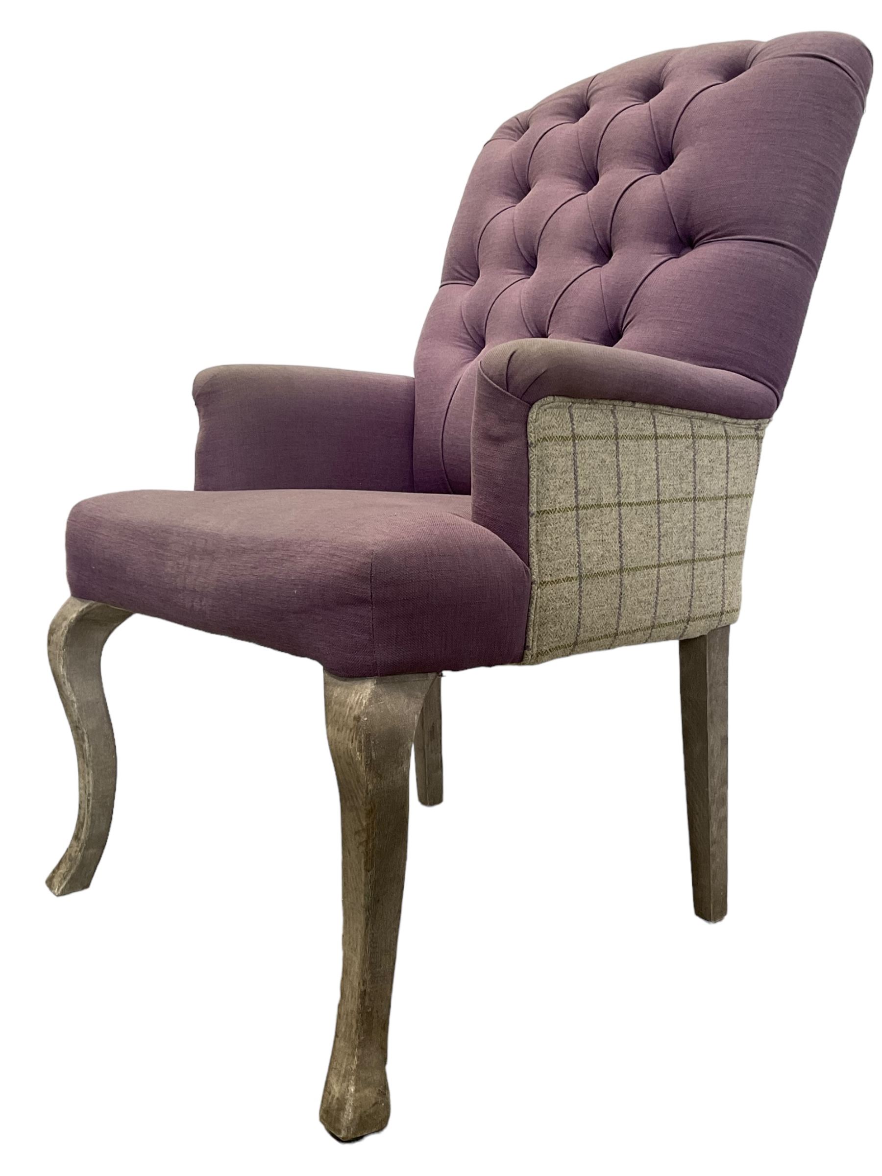 Voyage - four high back armchairs upholstered in buttoned lilac and tweed fabric, painted cabriole legs