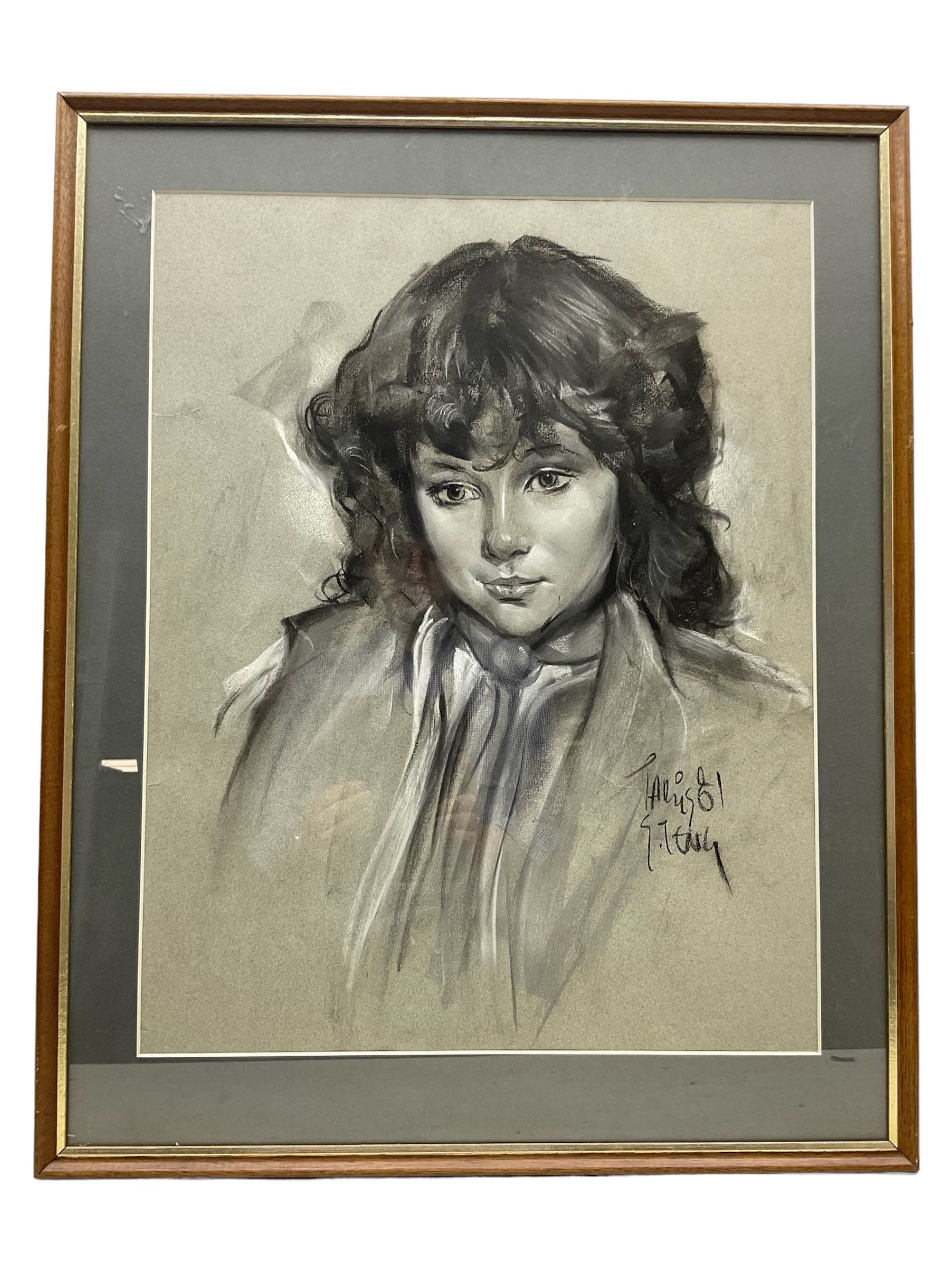 Portrait of a girl, monochrome pastel indistinctly signed 58cm x 45cm