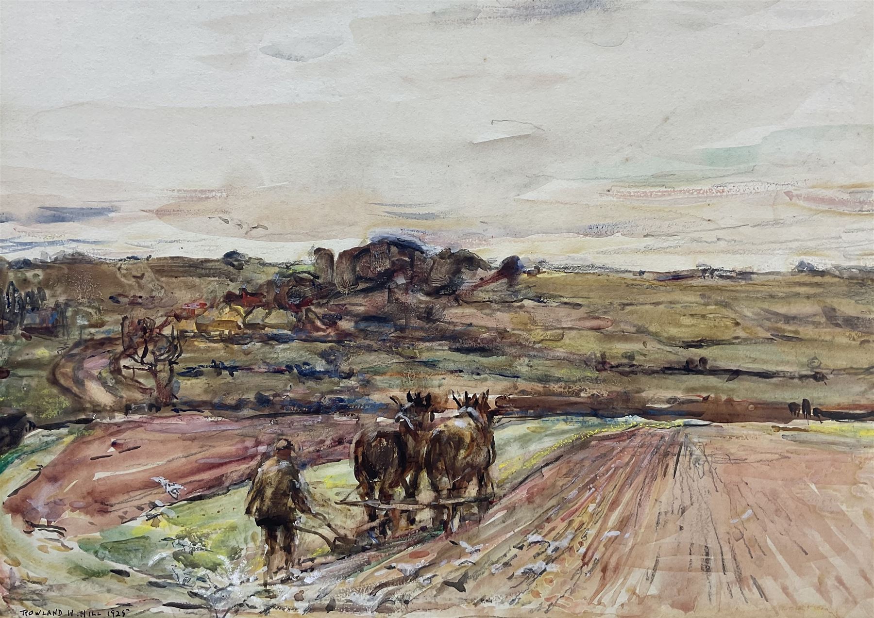 Rowland Henry Hill (Staithes Group 1873-1952): Ploughing Scene, watercolour signed and dated 1925, 26cm x 36cm