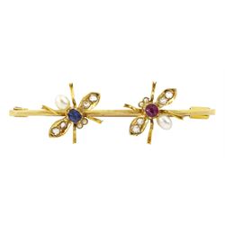 Early 20th century gold sapphire, ruby, pearl and old cut rose cut diamond double insect b...