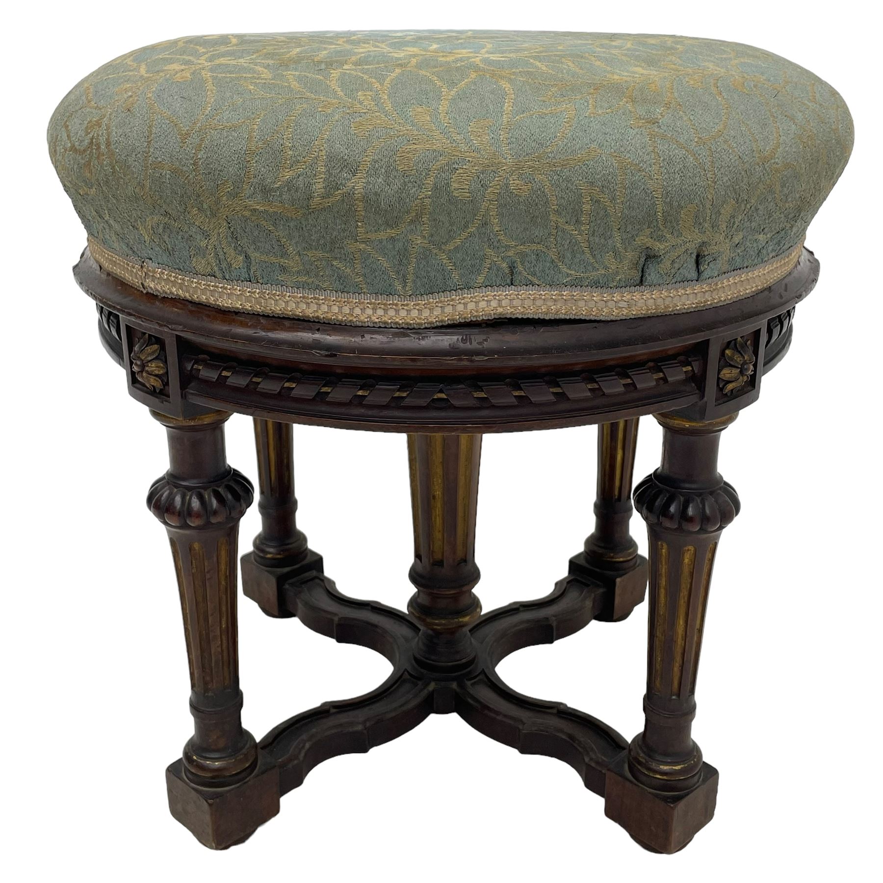 Holland & Sons (London: 1843-1942) - mid-to-late 19th century French design stool, circular form with upholstered cushioned seat in foliate pattern fabric, on lobe carved turned and fluted supports united by shaped X-framed lower stretchers 