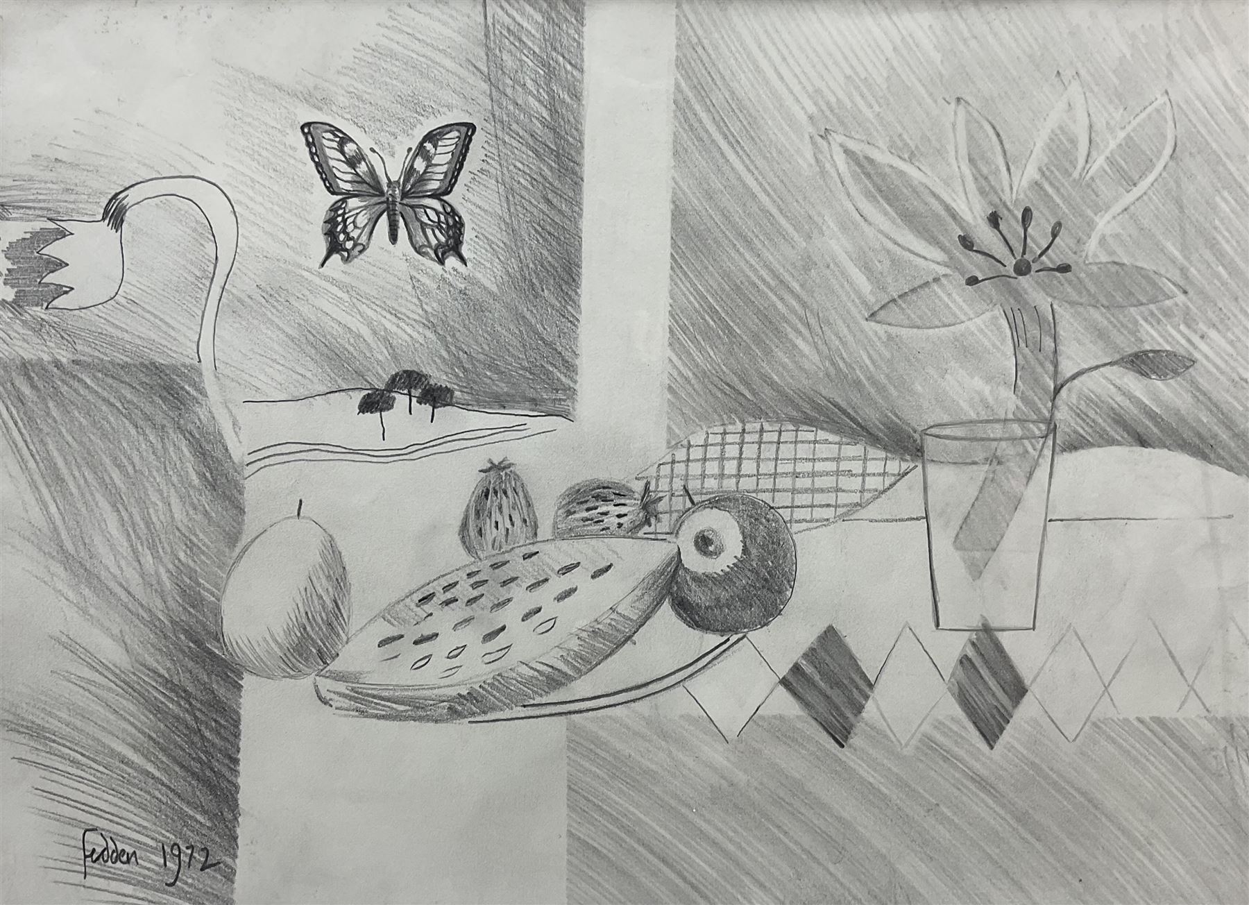 Attrib. Mary Fedden RA (British 1915-2012): Still Life Objects on a Window Sill, pencil sketch signed and dated 1972, 29cm x 40cm