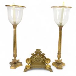 Brass desk stand, with pierced foliate letter rack, pen tray and inkwells, together with a...