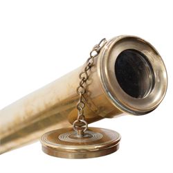 19th century lacquered brass telescope, the barrel on telescopic stem and tripod stand 