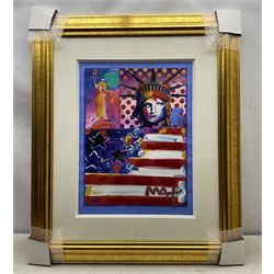 Peter Max (American 1937-): 'United we Stand', 'Liberty and Justice for All', 'God Bless America - With Five Liberties', 'God Bless America II', 'Peace on Earth', and 'Land of the Free, Home of the Brave', set of six mixed media with acrylic and colour lithography 59cm x 44cm (6)