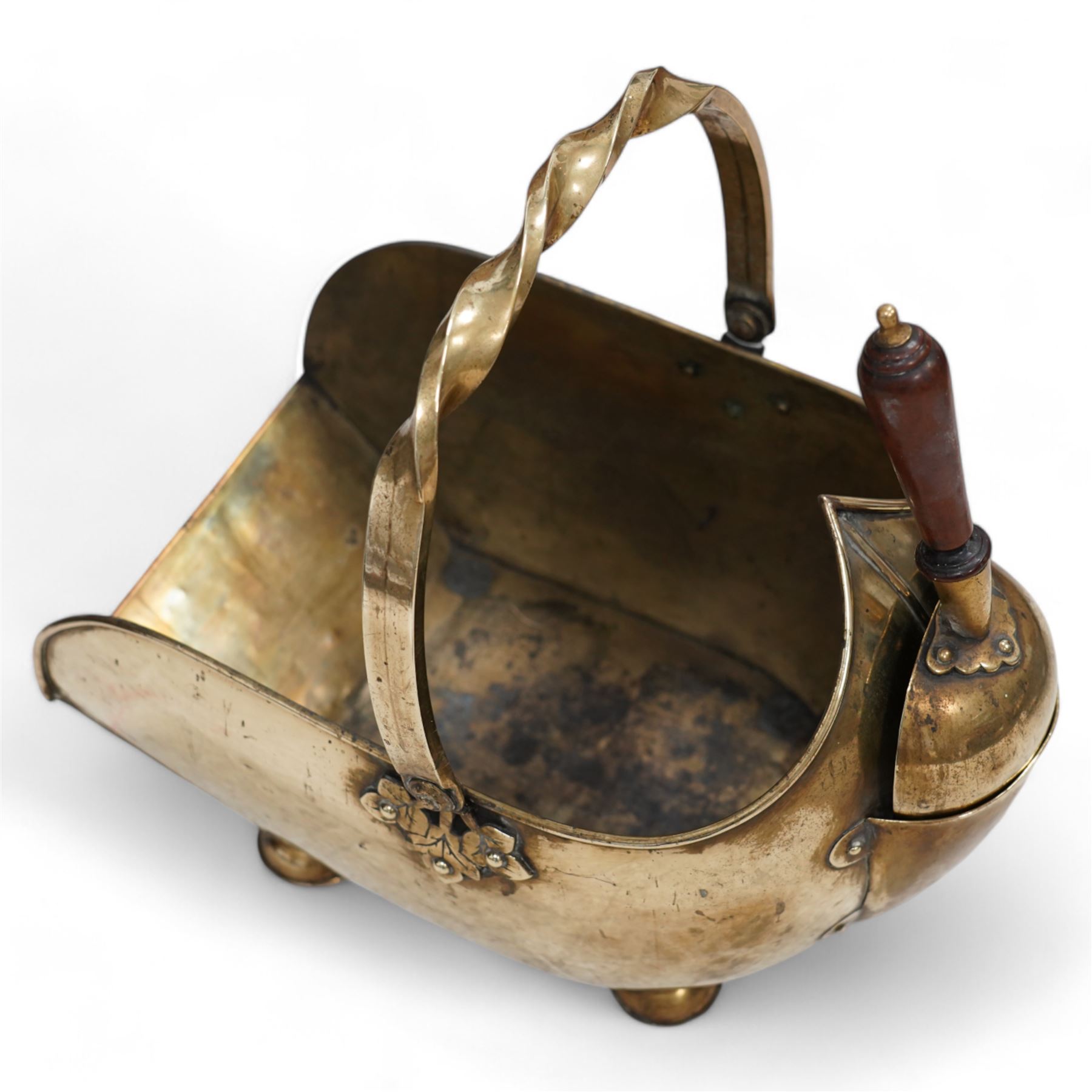 Victorian brass coal scuttle, fitted with arched twist handle and rear coal shovel