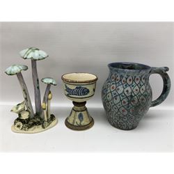 Collection of studio pottery, including John Egerton cup, Enchanted Ceramics snail, Rita Thomson mushrooms etc