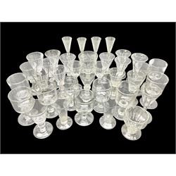 Collection of 18th century and later glassware, including set of three with twist stems and etched and fluted examples