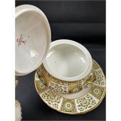 Royal Crown Derby part dinner service, decorated in the Green Derby Panel pattern, comprising thirteen dinner plates, nine dessert plates, two covered tureens, and sauce boat and stand, (seconds)