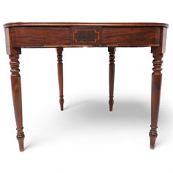 19th century inlaid mahogany tea table, fold-over D-shaped top, double gate-leg action base, on turned supports