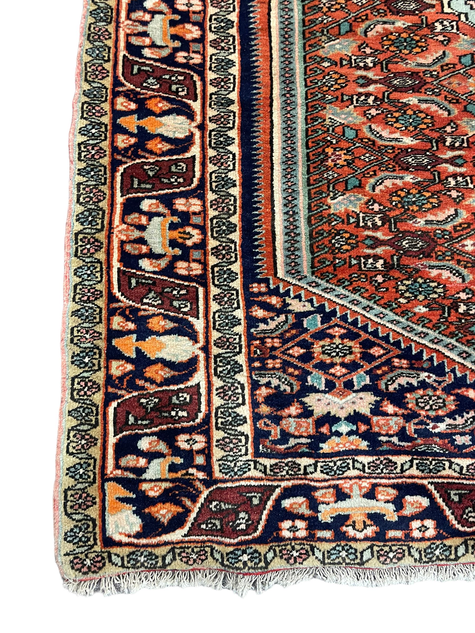 North West Persian Bidjar rug, orange peach ground extended field on indigo ground, decorated with floral Herati motifs, repeating waved border decorated with stylised plant motifs