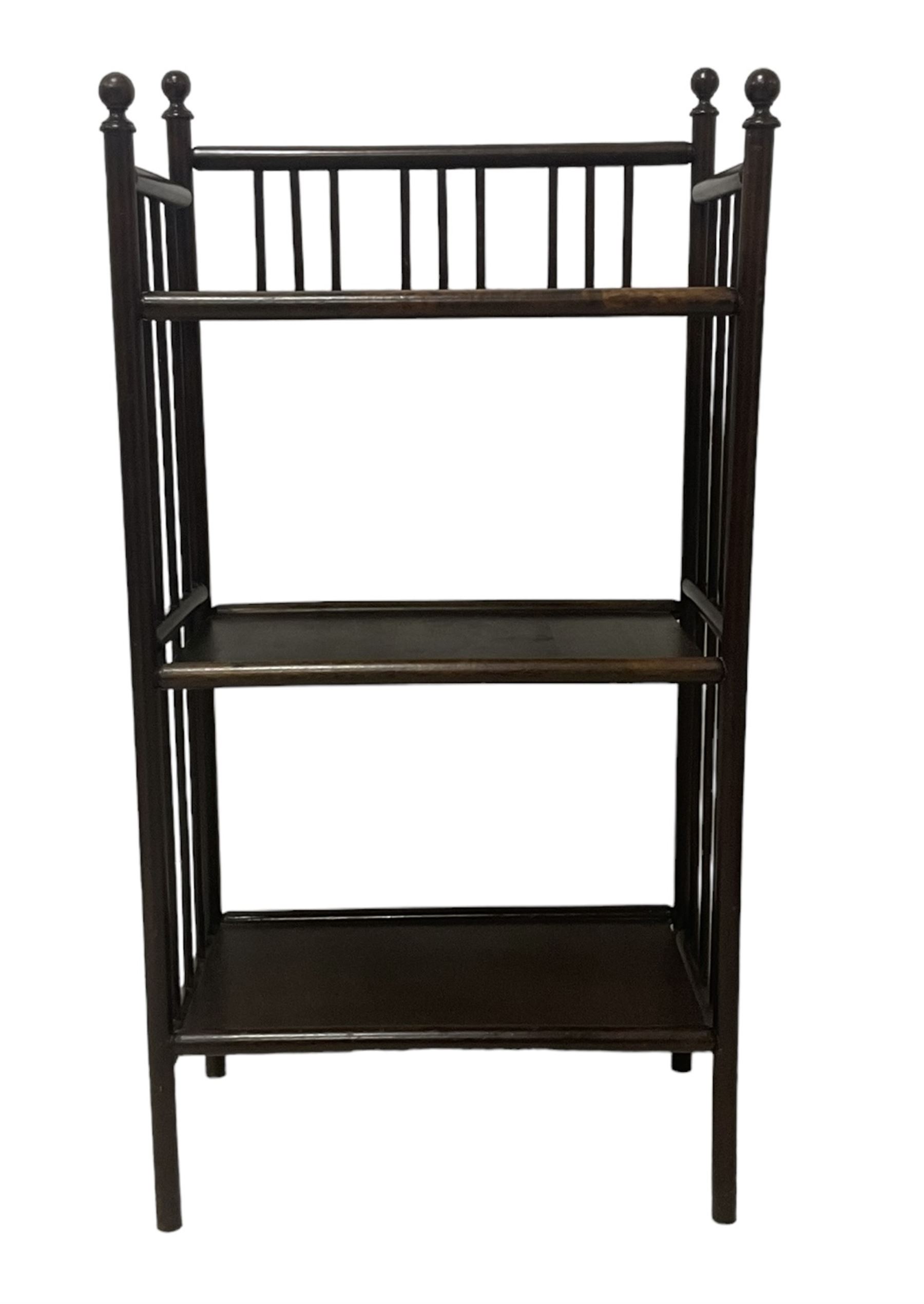 Arts and Crafts stained beech three tier etagere, three-quarter raised gallery back with bamboo style spindles