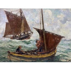 William J Mann (Scarborough early 20th century): 'A Fair Breeze' - Scarborough Yawl and Coble at Sea, oil on panel signed, titled and inscribed 'Newby' verso 33cm x 44cm 
Notes: Mann was a member of the Fylingdales Group of Artists and lived in Newby, Scarborough.