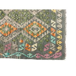 Kilim grey and green ground rug, overall geometric design decorated with lozenges