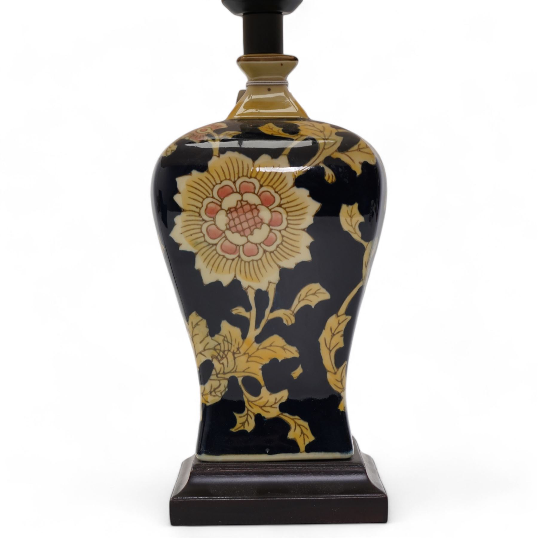 Oriental table lamp, decorated with pink and yellow flowers against a blue ground, on square base, with shade, H24cm excluding fittings