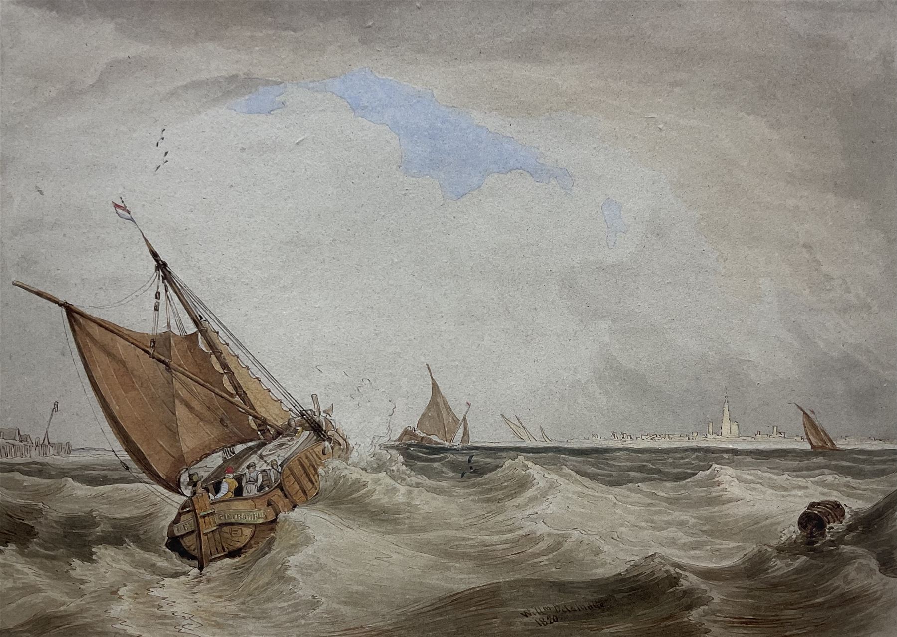 William Alfred Delamotte (British 1775-1863): 'Dutch Fishing Boats on the Scheldt near Antwerp', watercolour signed and dated 1820, titled on gallery label verso 27cm x 38cm 
Provenance: with Abbott & Holder, Museum Street, London, label verso