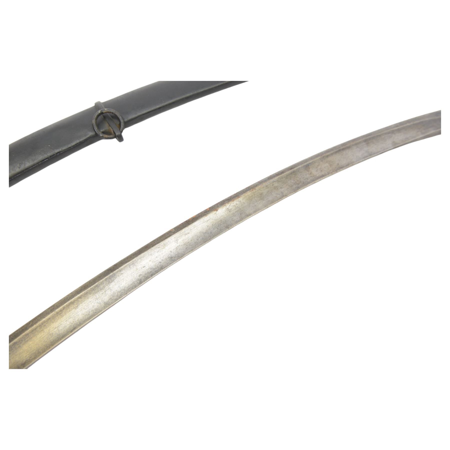 British 1796 pattern light cavalry troopers sword, single edge curved blade, ribbed leather grip, in steel scabbard, L98cm