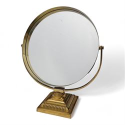 1920's circular brass swing mirror on square base, H48cm 