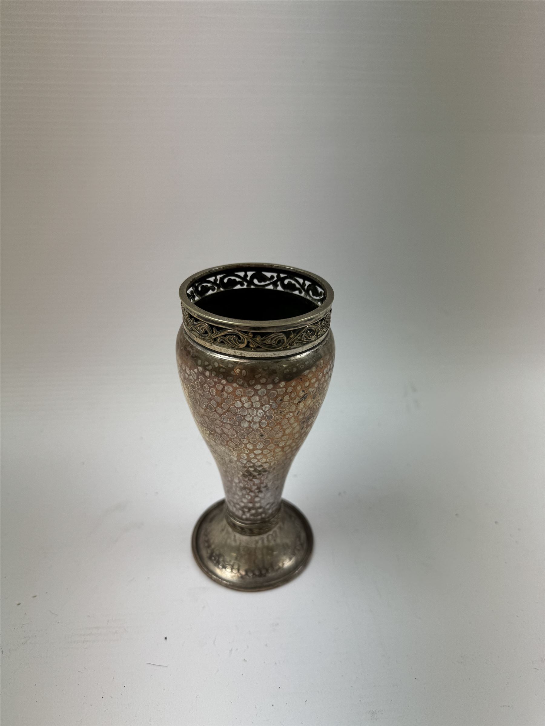 Arts & Crafts silver on copper vase, the body hammered finish, and pierced foliate rim, upon a circular foot, impressed 1729, in H15cm