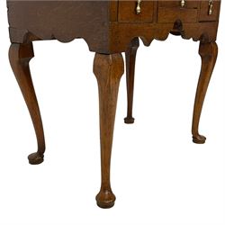 18th century oak low-boy, rectangular moulded top over three drawers with scratch mouldings, shaped apron, on cabriole supports