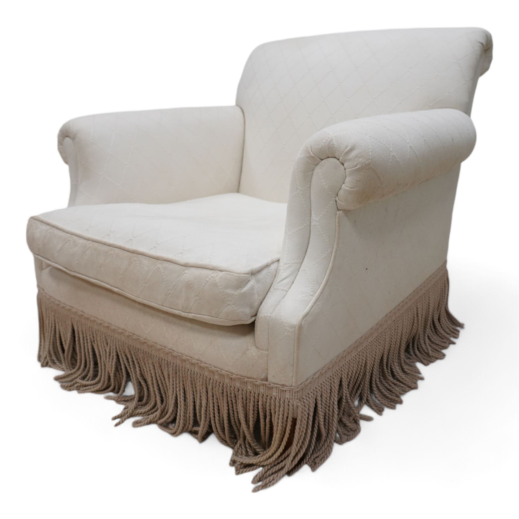 Late 20th century hardwood-framed armchair, rolled back and arms upholstered in cream fabric with fringe, on square front feet 