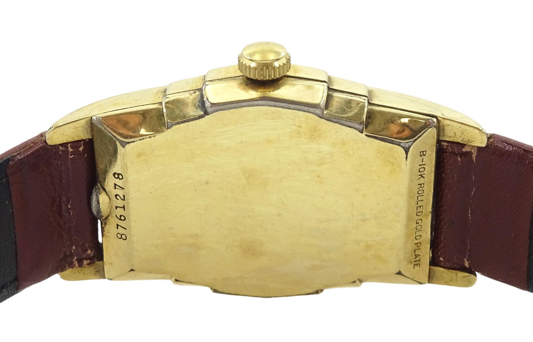 Lord Elgin gold-plated gentleman's manual wind rectangular wristwatch, the back case initialled and dated 1940 and a Bulova gold-plated manual wind wristwatch, both silvered dials with subsidiary seconds dial