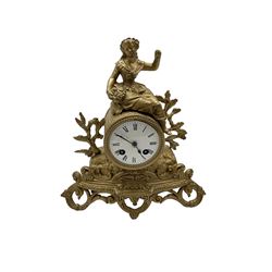 French - late 19th century 8-day mantle clock, in a spelter case with a solitary maiden seated above the drum movement, with an enamel dial, Roman numerals, minute markers and spade hands, twin train countwheel striking movement striking the hours and half hours on a bell. With pendulum and key. 