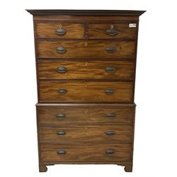 Early 19th century mahogany chest-on-chest, projecting cornice over banded frieze, fitted with two short over six long graduating cock-beaded drawers with bone and timber escutcheons, on bracket feet