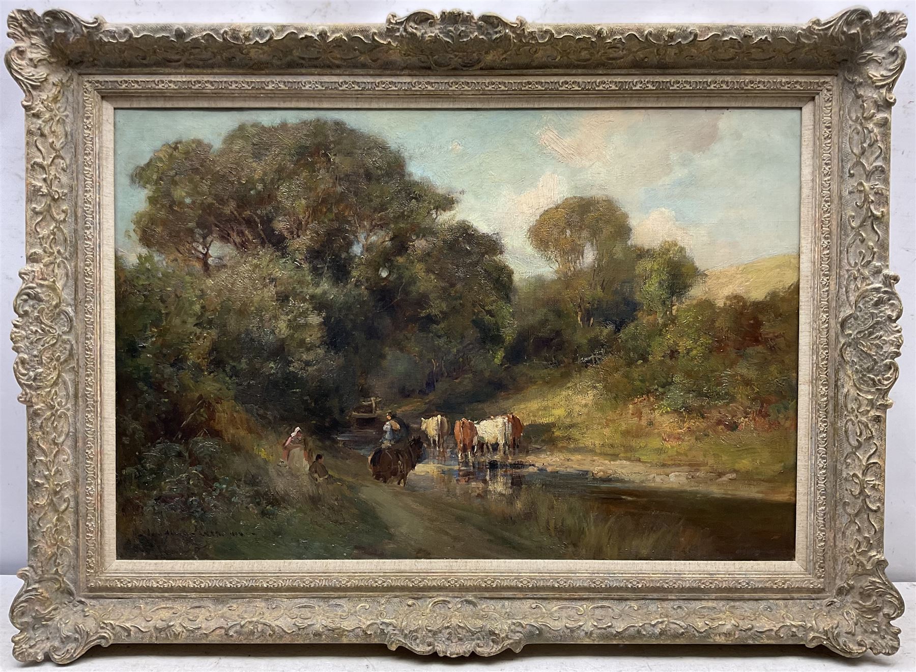 Owen Bowen (Staithes Group 1873-1967): Cattle Watering, oil on canvas signed and dated 1904, 50cm x 75cm Provenance: private collection, purchased David Duggleby Ltd 2nd December 2016 Lot 4