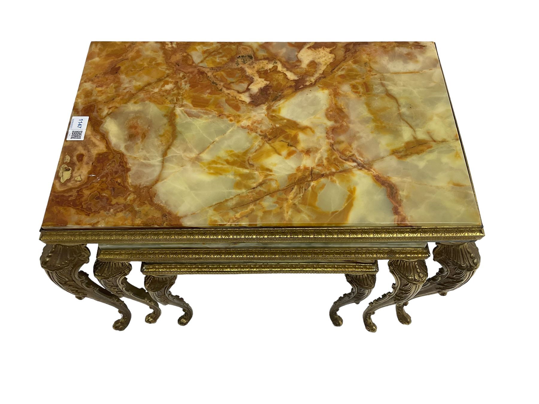 Mid-20th century Italian design onyx and gilt metal nest of three tables, rectangular tops raised on foliate decorated cabriole supports