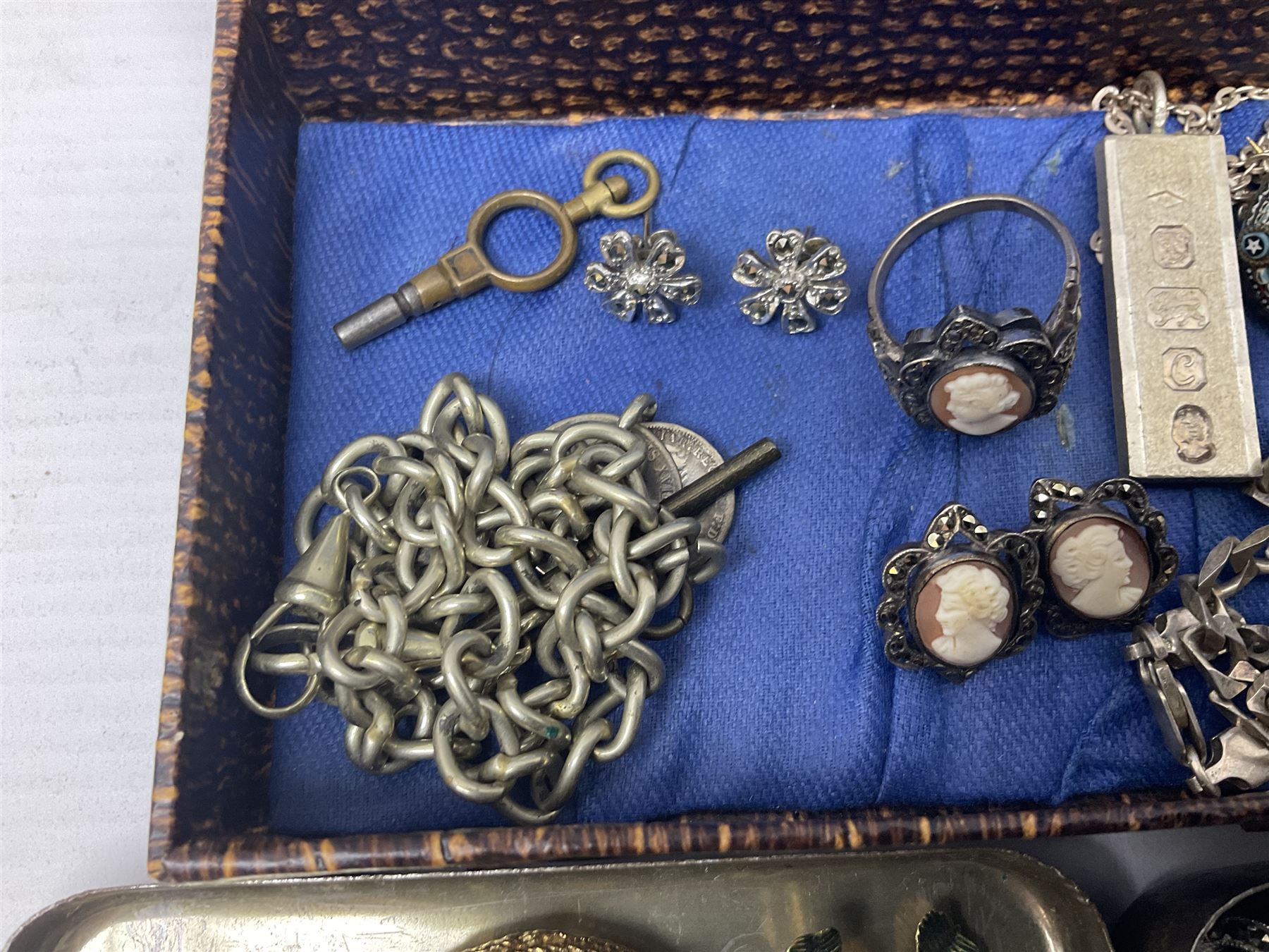 Silver jewellery, including ingot pendant, cameo ring and earrings and bracelet, together with a collection of costume brooches and necklaces, and two pocket watches