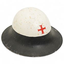 WWII Zuckerman Home Front steel helmet painted white with red cross