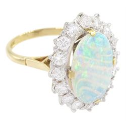 18ct gold and palladium opal and round brilliant cut diamond cluster ring, opal approx 1.35 carat, total diamond weight approx 1.15 carat