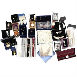 Quantity of costume jewellery and ladies fashion watches, including a cased Swarovski butterfly necklace and matching earring set, cased Swarovski blue heart pendant on chain, four cased Swatch Pop watches, etc