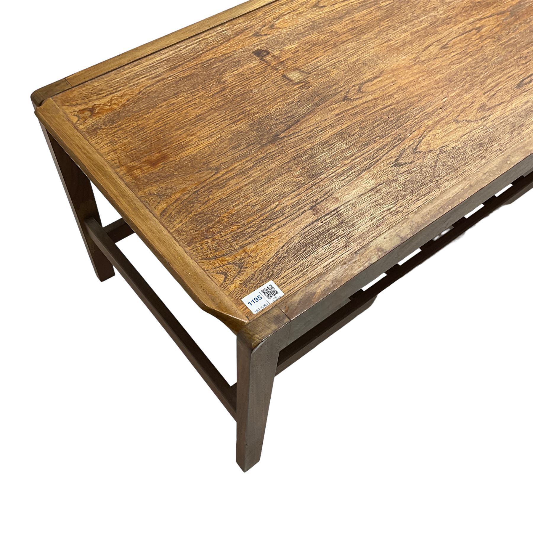 Remploy teak coffee table, rectangular top on tapering supports joined by under-tier