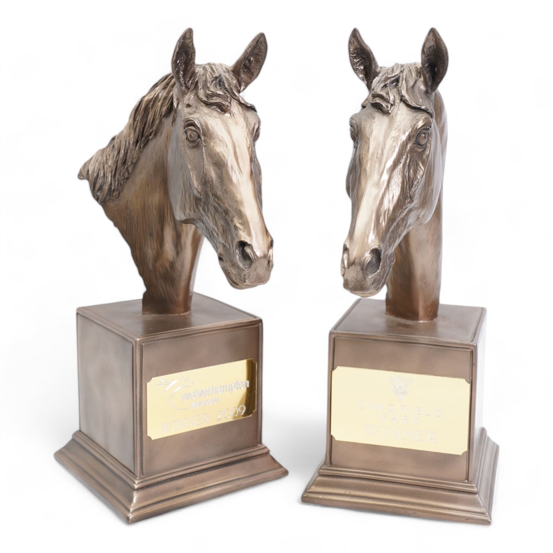 'Winner The Harworth Estates Handicap Stakes, Pontefract 8th July 2008' - Bronzed resin horses head by Doris Lindsey on wooden base 21cm x 20cm , another 'Tote Scoop6 6th November 1999, signed with initials 'CD' and two others (4) 