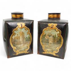 Pair of Victorian toleware shop display tea canisters and covers, numbered 1 & 2 and label...