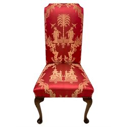 Georgian design mahogany framed high-back side chair, upholstered in red fabric decorated with Japanese figures in a garden landscape and pagodas, on shell carved cabriole front supports
Provenance: From the Estate of the late Dowager Lady St Oswald