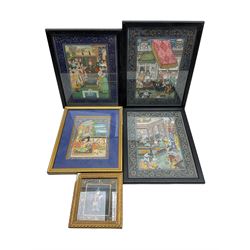 Five Mughal School paintings, and a print on silk (6)