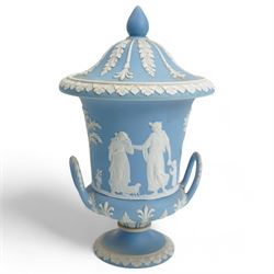 Group of five late 19th and early 20th century Wedgwood blue jasperware urn vases, H28cm and smaller (5)