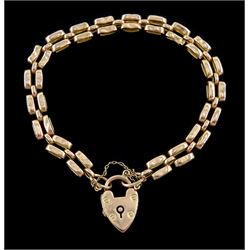 Early 20th century rose gold rectangular link bracelet, with heart locket clasp by Henry Griffith & Sons Ltd, stamped 9ct