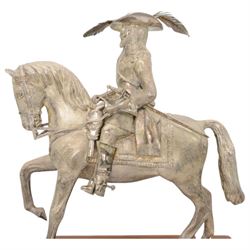 'The Scottish & Newcastle Breweries Handicap Sweepstakes 1972, Won by Warpath, Owned and Bred by Mr Guy Reed, Trained by S Hall, Ridden by A J Russell' - Cast silver figure of a cavalier on horseback 25cm x 21cm on a mahogany plinth with silver plaque 38cm x 33cm overall London 1969 Maker Edward Barnard & Son 