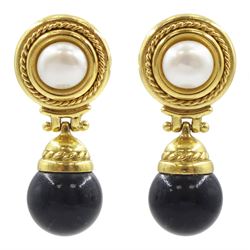 Pair of 18ct gold black onyx and pearl pendant stud earrings, Sheffield import mark 1990