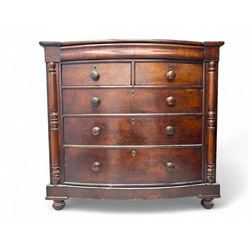 Victorian flame mahogany bow-fronted chest, moulded top over full width frieze drawer, fit...