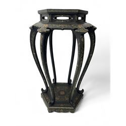 Chinoiserie design hexagonal jardinière stand, lacquered in black with gilt Greek key moti...