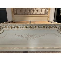 Barnini Oseo - super king 6' 'Reggenza' bedstead, the headboard with a pierced cartouche pediment with extending scrolling foliage, decorated with trailing gilt flower heads, upholstered in buttoned lilac velvet, raised on cabriole feet, in a cream finish