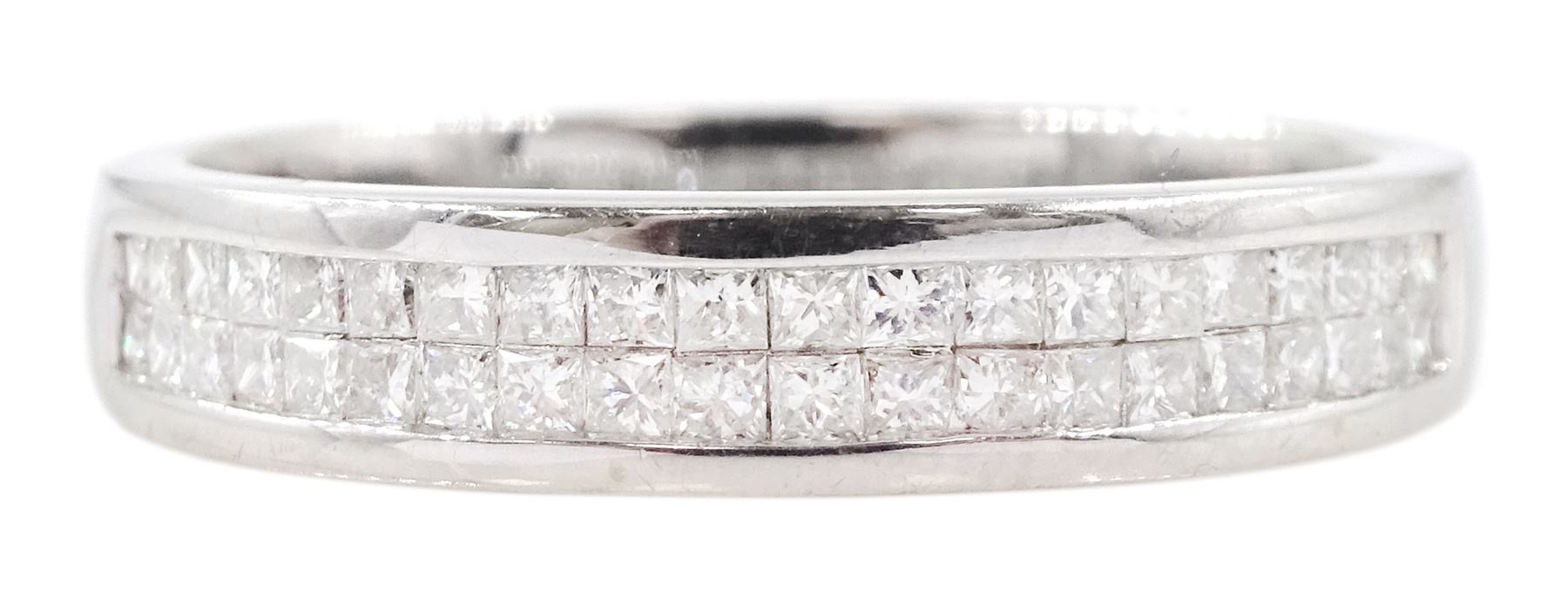 18ct white gold channel set, two row princess cut diamond half eternity ring, hallmarked, total diamond weight 0.47 carat